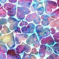 Colorful purple hearts hand painted watercolor seamless patterns