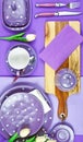 Colorful purple theme breakfast brunch table setting flatlay. Royalty Free Stock Photo