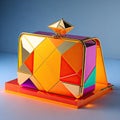 a colorful purse in a rectangular shape is in front of a light table, in the style of translucent geometries, light amber and gold Royalty Free Stock Photo