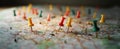The colorful pushpins highlighting various locations on a detailed map..AI generated image Royalty Free Stock Photo