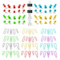 Colorful pushpins and paperclips binders, stationer elements. To