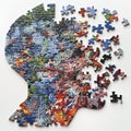 Colorful puzzle assembled into a profile of a human head with neurographic lines and creative design elements