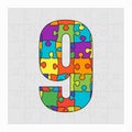 Colorful puzzle number - 9. Jigsaw figure nine