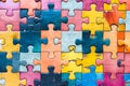 Colorful puzzle piece is arranged on wall. Generative AI Royalty Free Stock Photo