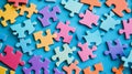 Colorful Puzzle Pieces on Blue Background, Jigsaw Puzzle Pieces Scattered on Table Top View Royalty Free Stock Photo
