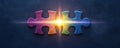 Colorful Puzzle Pieces Connecting in Bright Light on Dark Background Royalty Free Stock Photo