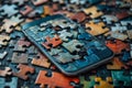 Colorful puzzle pieces covering a smartphone screen, symbolizing problem-solving, strategy, and solutions in the digital age Royalty Free Stock Photo
