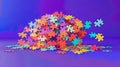 Colorful puzzle pieces forming a sphere, some scattering, on a vibrant gradient background Royalty Free Stock Photo