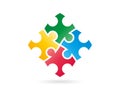 Colorful puzzle pieces forming a whole square in movement. Vector graphic illustration template.