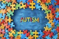 Colorful puzzle pieces frame and word Autism on wooden background. World autism awareness day concept. Top view Royalty Free Stock Photo
