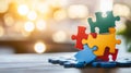 Colorful Puzzle Pieces Stacked on Blurred Background Teamwork collaboration problemsolving connection and success are Royalty Free Stock Photo
