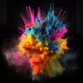 Colorful pwoder explosion on dark background. Abstract art of exploding vibrant multicolored frame. Royalty Free Stock Photo