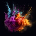 Colorful pwoder explosion on dark background. Abstract art of exploding vibrant multicolored frame. Royalty Free Stock Photo