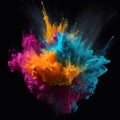 Colorful pwoder explosion on dark background. Abstract art of exploding vibrant multicolored frame. Royalty Free Stock Photo