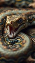 Colorful python coiled up with mouth open, displaying intricate scales in a natural habitat during daylight