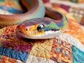 Colorful Python Snake Resting On A Multicolored Quilt