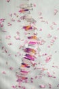 Colorful quartz crystals with pink rose leaves on wooden structure