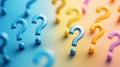 Colorful question marks in blue and yellow on gradient background create abstract and playful atmosphere inviting curiosity and