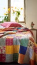 A colorful quilt is on a bed in front of a window, AI