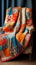 A colorful quilt is draped over a chair, AI