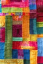 Colorful quilted fabric with geometric stitching. Textile art close-up. Modern quilting design