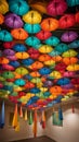 A colorful and quirky image of rainbow umbrellas hanging upside down from the ceiling creating a unique and eye-catching decor