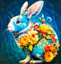 A colorful rabbit with flowers on its back is shown.