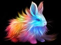 A colorful rabbit with long hair on a black background