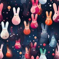 Colorful rabbits on a dark background in a playful pattern (tiled