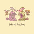 Colorful rabbits in ornate ethnic style.