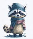 Colorful Raccoon in Winter Ensemble Illustration in Watercolor Generative AI Royalty Free Stock Photo