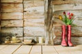 Colorful rain boots with spring flowers,candles , stones and boo