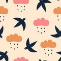 Colorful rain clouds and blue swallows hand drawn vector illustration. Adorable sky birds and raindrops seamless pattern. Royalty Free Stock Photo