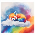 Colorful rainbow baby red panda sleeping on a cloud watercolor