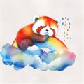 Colorful rainbow baby red panda sleeping on a cloud watercolor Royalty Free Stock Photo