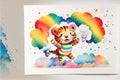 Colorful rainbow baby Tiger cub sleeping on a cloud watercolor Royalty Free Stock Photo