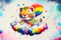 Colorful rainbow baby Tiger cub sleeping on a cloud watercolor Royalty Free Stock Photo