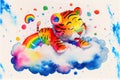 Colorful rainbow baby Tiger cub sleeping on a cloud watercolor Royalty Free Stock Photo