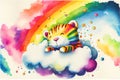 Colorful rainbow baby Tiger cub sleeping on a cloud watercolor Royalty Free Stock Photo