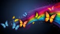 Colorful rainbow butterflies banner with blue background. Butterflies in rainbow colors on black. Colorful butterfly illustration