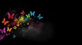 Colorful rainbow butterflies banner with dark background. Butterflies in rainbow colors on black. Colorful butterfly illustration