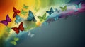 Colorful rainbow butterflies banner with grey background. Butterflies in rainbow colors on black. Colorful butterfly illustration