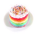 Colorful rainbow cakes on white plate. Royalty Free Stock Photo