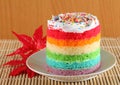 Colorful rainbow cakes on white plate with red maple leaf. Royalty Free Stock Photo