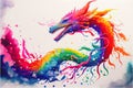 Colorful rainbow Chinese Dragon breathing fire watercolor painting