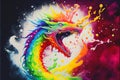 Colorful rainbow Chinese Dragon breathing fire watercolor painting