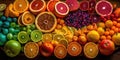Colorful rainbow citrus fruit design background. Fruit salad arrangement. Healthy organic food. Royalty Free Stock Photo