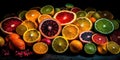 Colorful rainbow citrus fruit design background. Fruit salad arrangement. Healthy organic food. Royalty Free Stock Photo