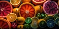 Colorful rainbow citrus fruit design background. Fruit salad arrangement. Healthy organic food. Royalty Free Stock Photo