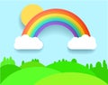 Colorful Rainbow With Clouds, Grass and Field. Vector Illustration.